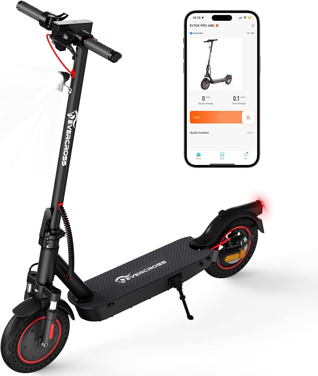 Nahaufnahme des EVERCROSS EV10K Pro ABE E-Scooters mit einem Smartphone, das die App-Steuerung zeigt.