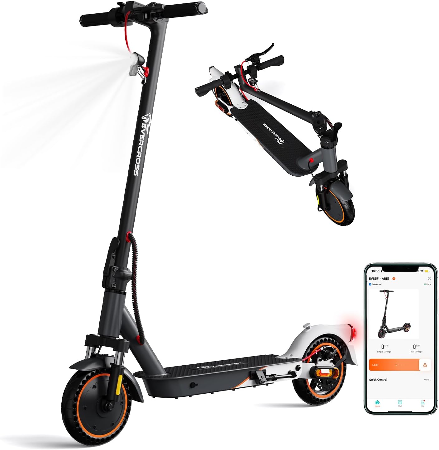 EV85F E-Scooter von Evercross in aufgeklapptem und zusammengeklapptem Zustand, zusammen mit der App-Ansicht auf einem Smartphone.