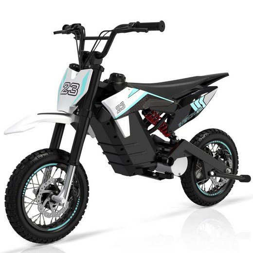 Das EV65M Electric Kid Motorcycle in Blau mit weißen und schwarzen Akzenten, gezeigt aus einer seitlichen Perspektive.