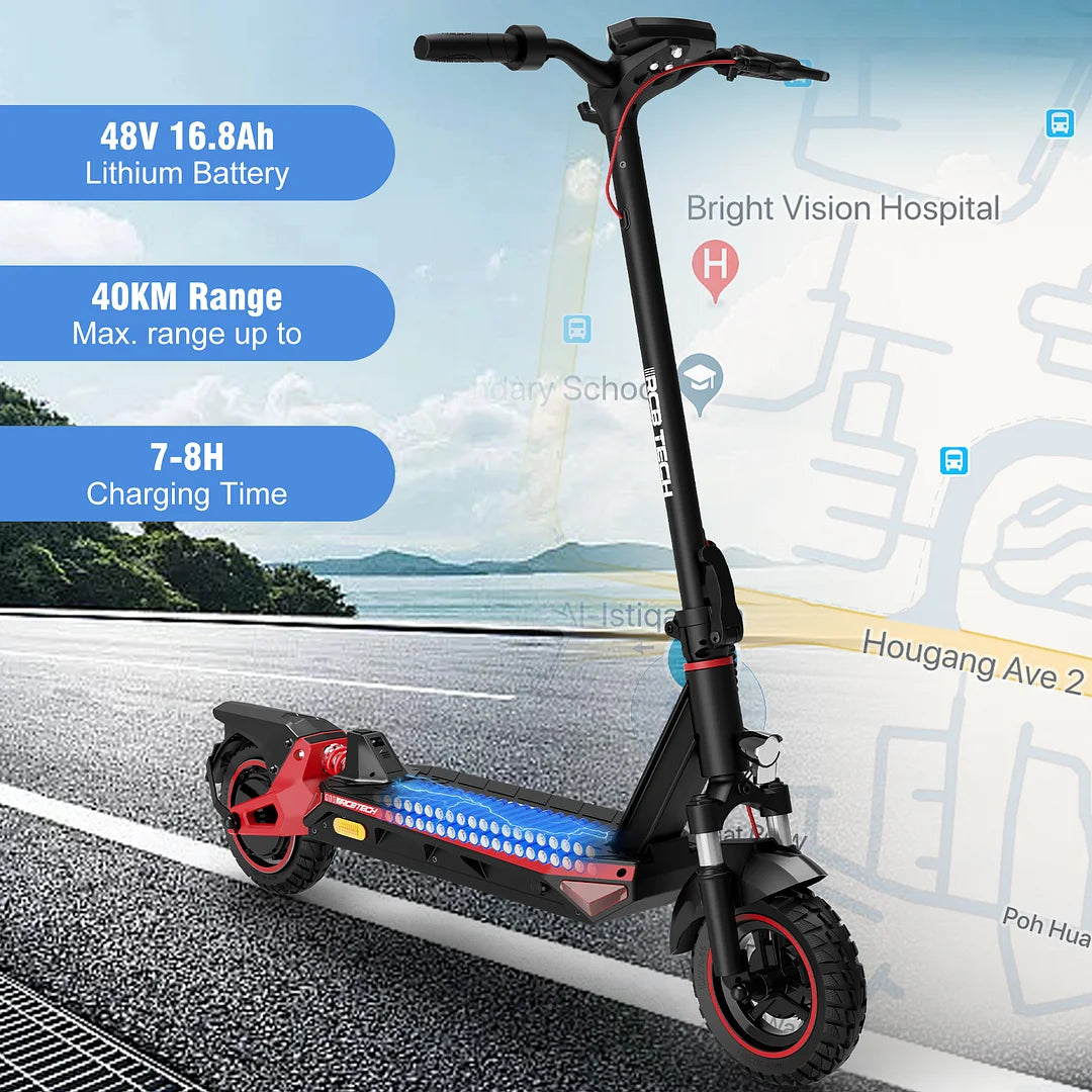 Der R10S E-Scooter in einer Außenumgebung mit Beschriftungen, die die 48V 16,8Ah Lithium-Batterie, die 40 km Reichweite und die 7-8 Stunden Ladezeit hervorheben.