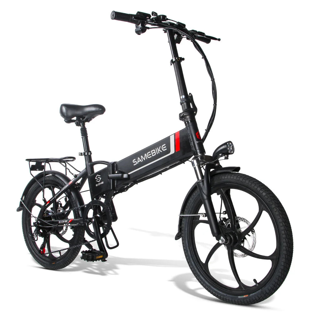 Schwarzes SAMEBIKE 20LVXD30 faltendes elektrisches Fahrrad, ausgeklappt, mit sichtbarem Rahmen und hochwertigen CHAOYANG Reifen.