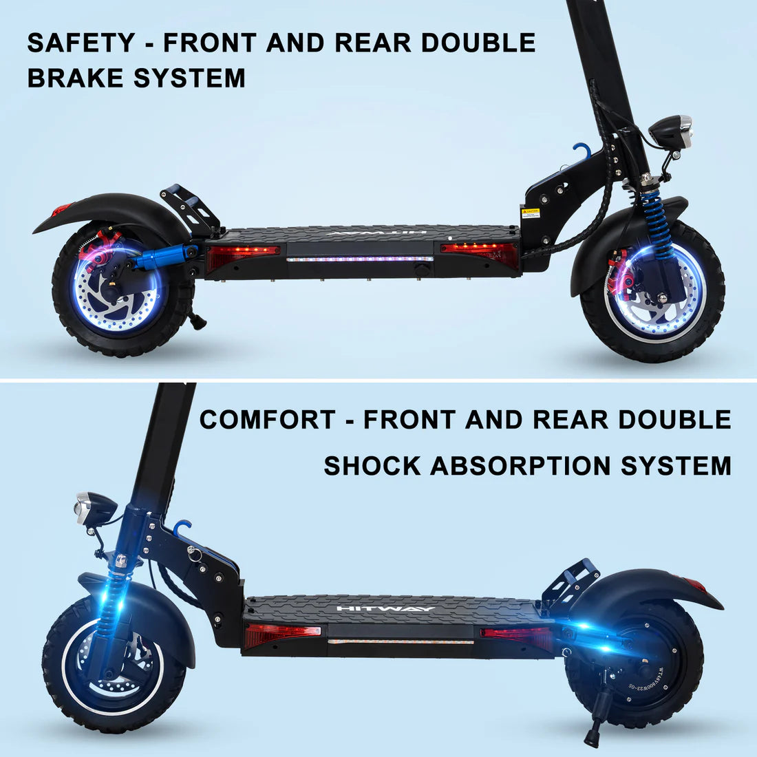 Der HITWAY E-Scooter zeigt das vordere und hintere doppelte Bremssystem für Sicherheit sowie das vordere und hintere doppelte Stoßdämpfungssystem für Komfort.