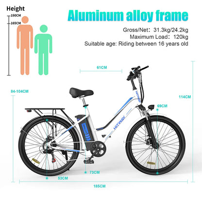 LavishApe HITWAY BK8 Trekking E-Bike mit Aluminiumrahmen und Größenangaben für Fahrer, maximale Last 120 kg.