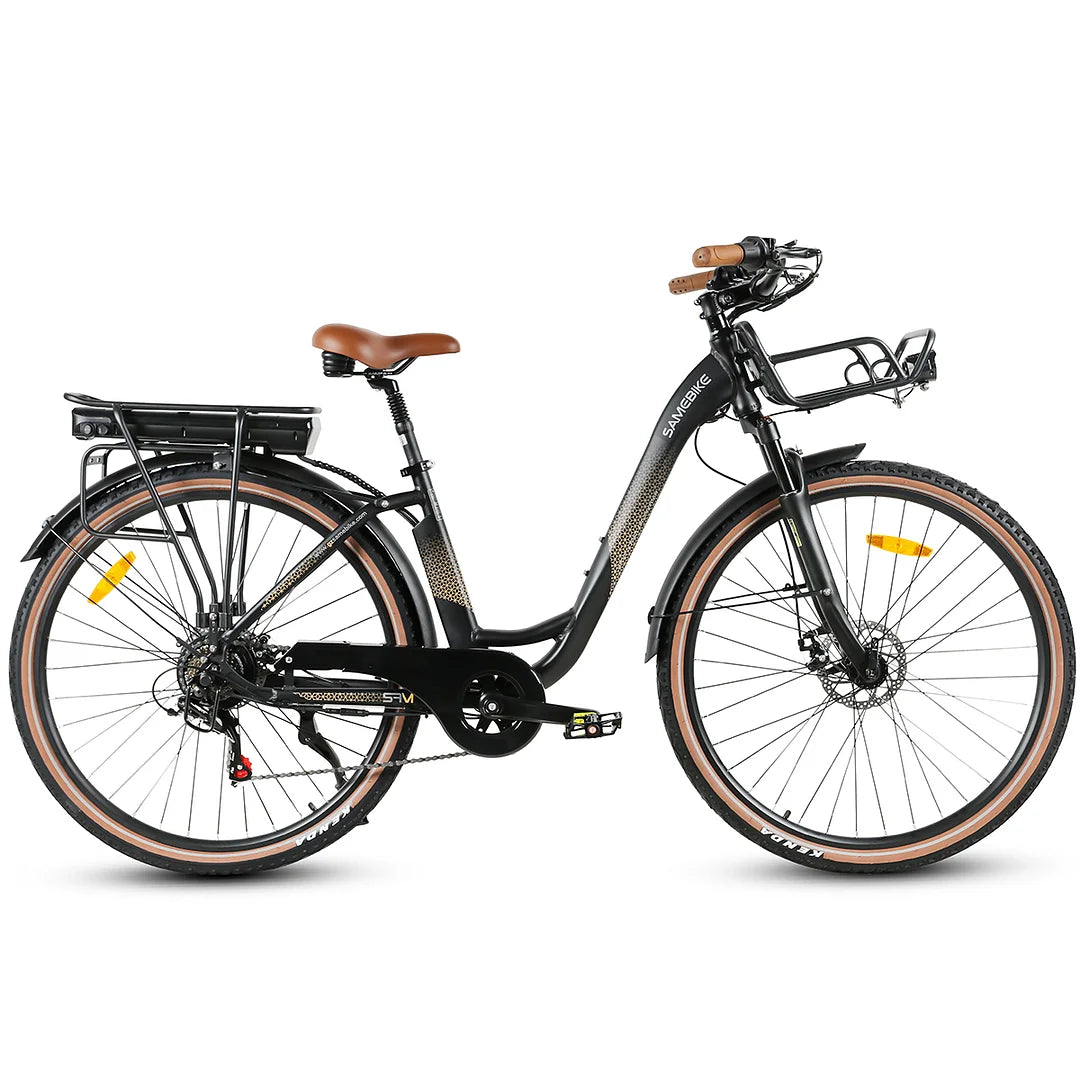 Schwarzes SAMEBIKE RS-A07 City E-Bike mit braunem Sattel und braunen Lenkergriffen, ausgestattet mit einem 500W Motor und 36V 13Ah Akku, Seitenansicht.