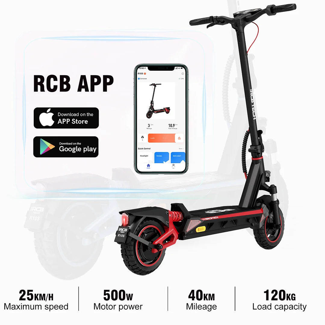 Der R10S E-Scooter mit der RCB-App-Anzeige auf einem Smartphone, das im Apple App Store und bei Google Play erhältlich ist. Text zeigt 25 km/h Höchstgeschwindigkeit, 500W Motorleistung, 40 km Reichweite und 120 kg Tragfähigkeit.