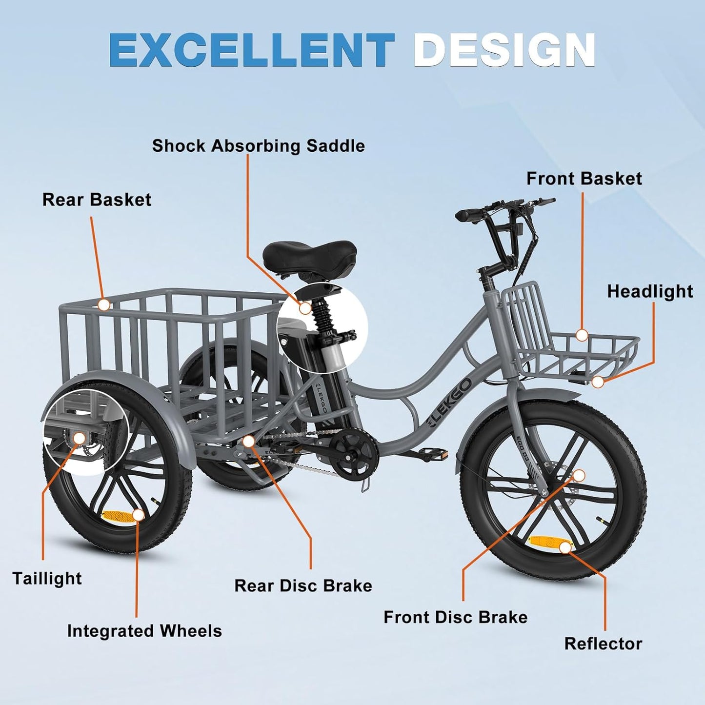 LavishApe ELEKGo EGO03 E-Trike mit Scheibenbremsen vorne und hinten, stoßdämpfendem Sattel