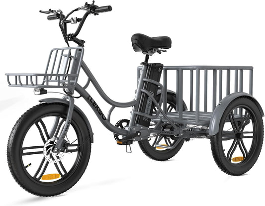 LavishApe ELEKGo EGO03 Lasten-E-Trike mit grauem Rahmen, Front- und Heckkorb, ideal für vielseitigen Transport.