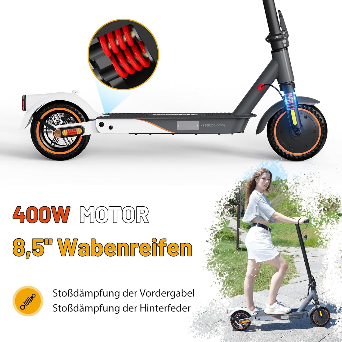 EV85F E-Scooter von Evercross mit 400W Motor und 8,5 Zoll Wabenreifen, seitliche Ansicht.