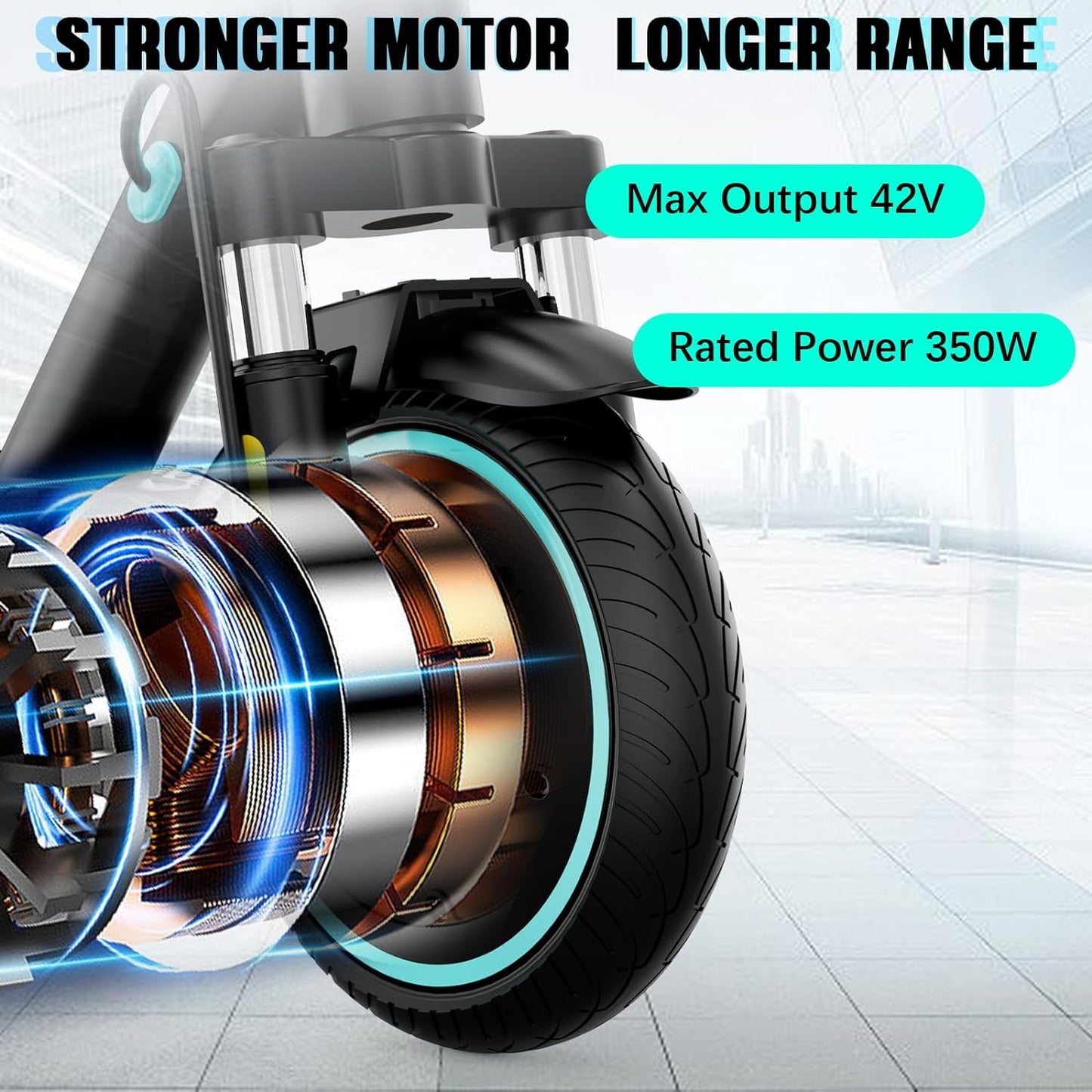 Nahaufnahme des Motors des R17 E-Scooters, die maximale Ausgangsleistung von 42V und die Nennleistung von 350W zeigt. Der Text hebt den stärkeren Motor und die längere Reichweite hervor.