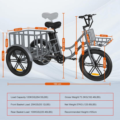 LavishApe ELEKGo EGO03 E-Trike mit Abmessungen des Rahmens und der Körbe, zeigt maximale Belastbarkeit und Gewicht.