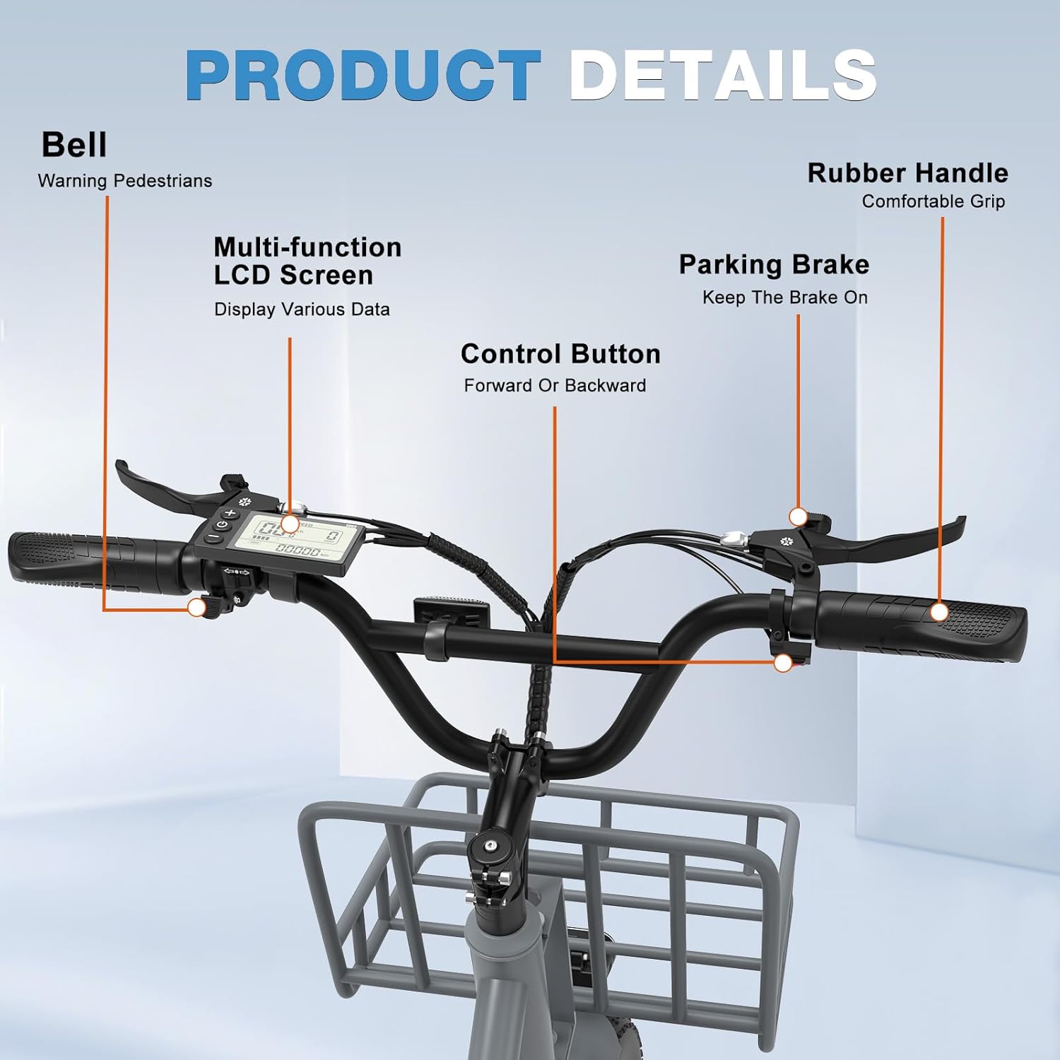 LavishApe ELEKGo EGO03 E-Trike mit Details der Lenkerkonfiguration, einschließlich Klingel, LCD-Display und Steuerknöpfen.