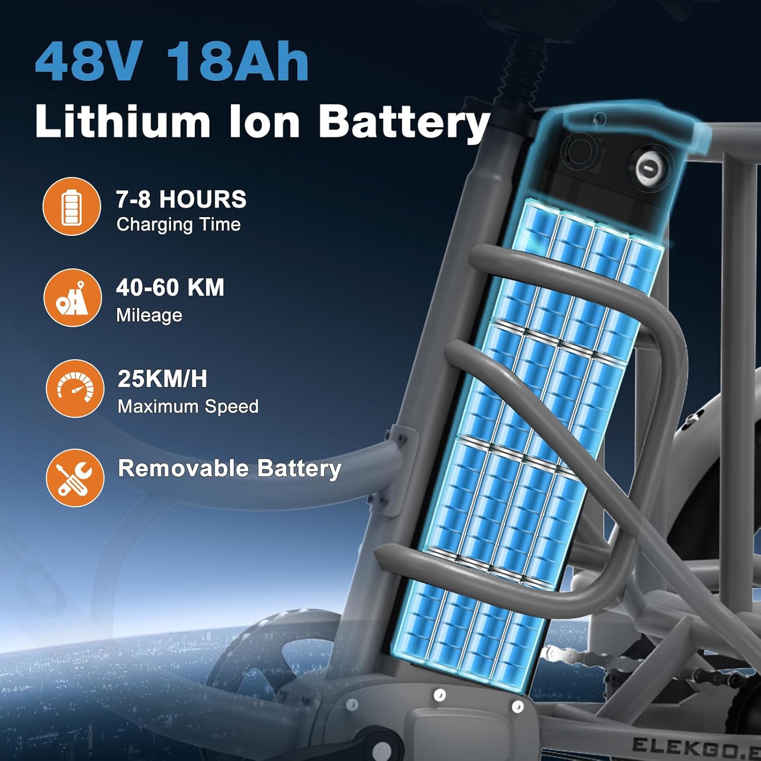 LavishApe ELEKGo EGO03 E-Trike mit 48V 18Ah Lithium-Ionen-Batterie, zeigt Ladezeit, Reichweite und abnehmbare Batterie.