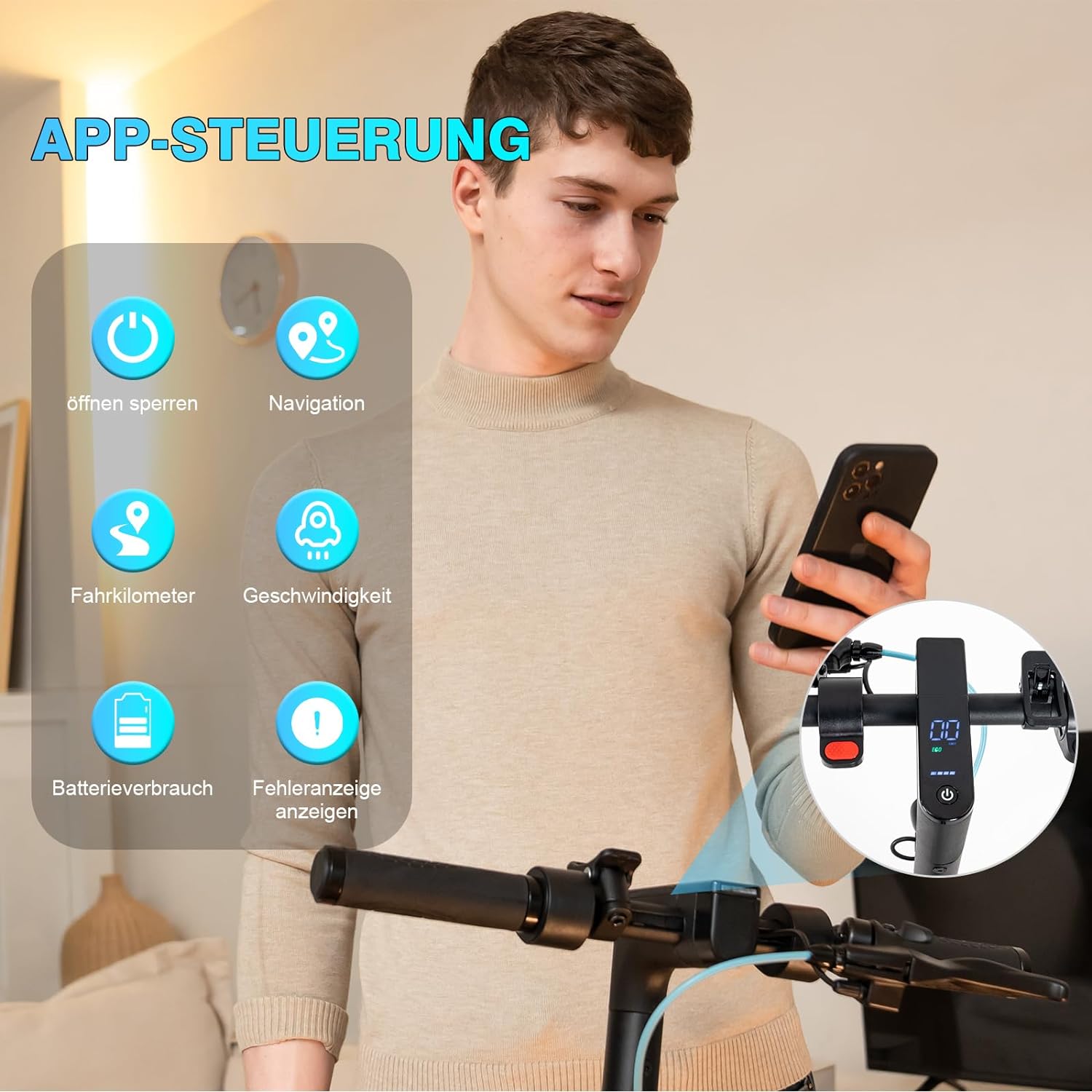 Ein junger Mann nutzt die App-Steuerung des EV85F Elektrorollers auf seinem Smartphone. Funktionen wie Öffnen/Schließen, Navigation, Fahrkilometer, Geschwindigkeit, Batterieverbrauch und Fehleranzeige sind dargestellt.
