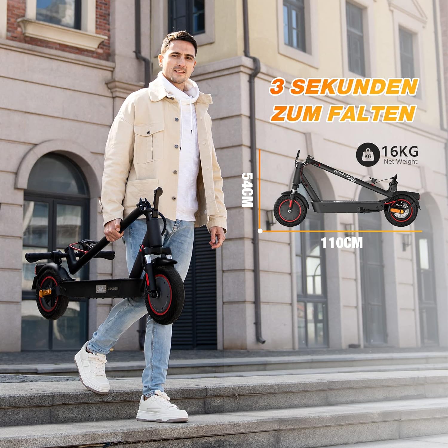 Ein Mann trägt den zusammengefalteten EVERCROSS EV10K Pro ABE E-Scooter, mit den Abmessungen im Hintergrund.