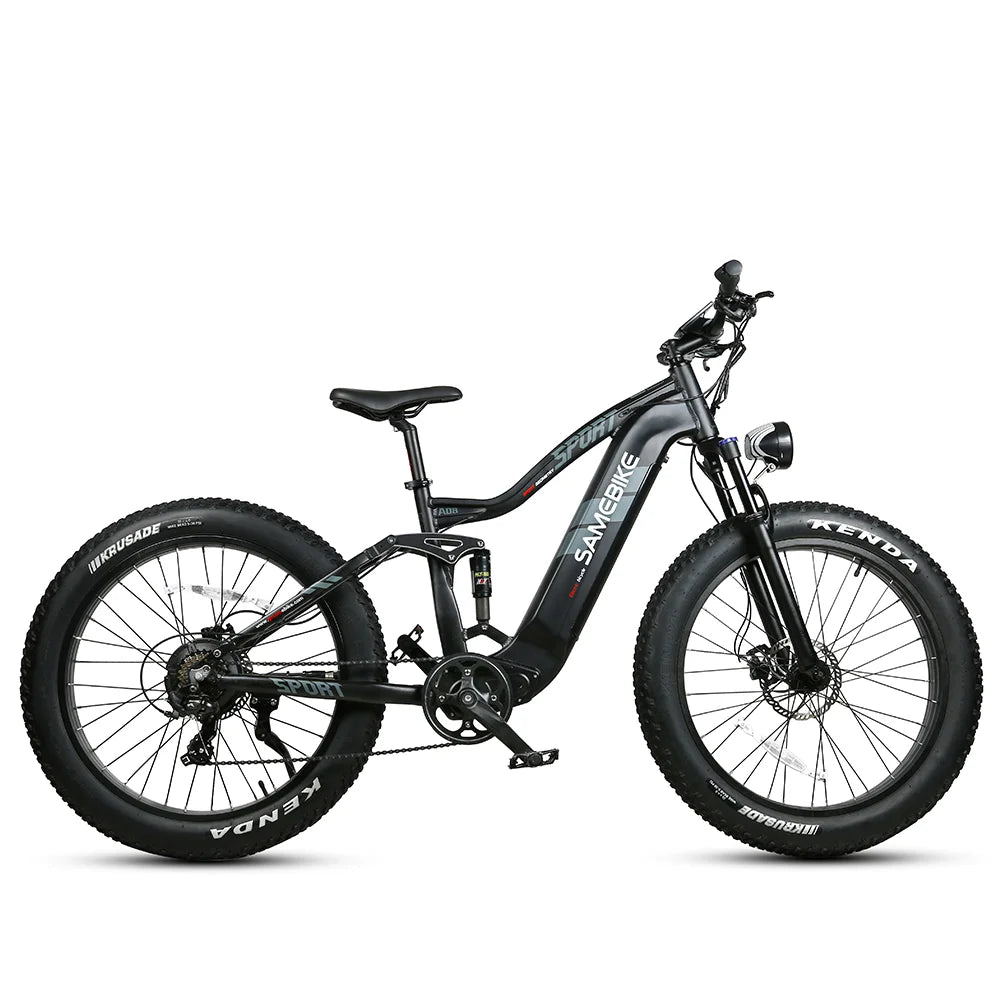 Seitenansicht des schwarzen SAMEBIKE RS-A08 E-Bikes mit fetten Reifen.