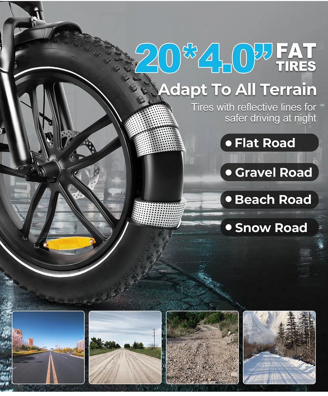 20-Zoll Fat Tire des SAMEBIKE C05 Pro E-Bikes, geeignet für alle Geländearten, inklusive Straßen, Kies, Strand und Schnee.