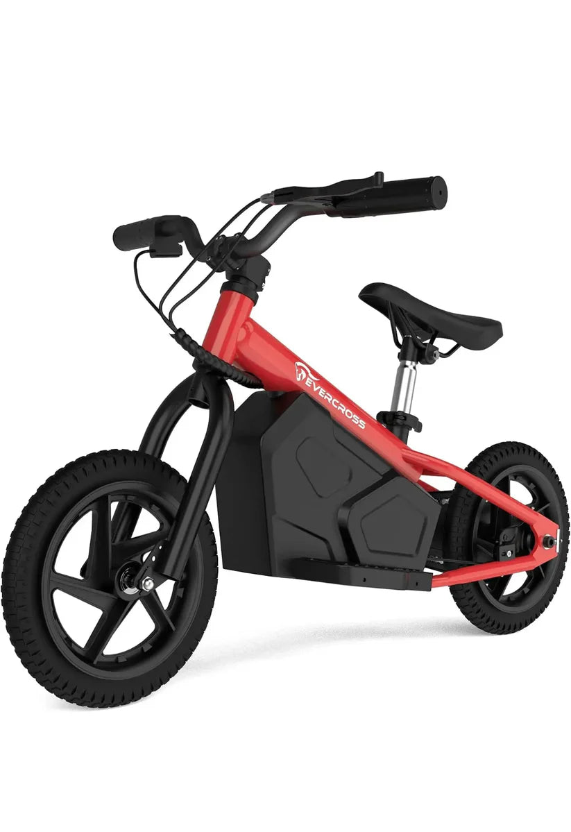 Das EV06M Kinder-Elektromotorrad in Rot mit schwarzem Sitz und schwarzem Rahmen, seitliche Ansicht.