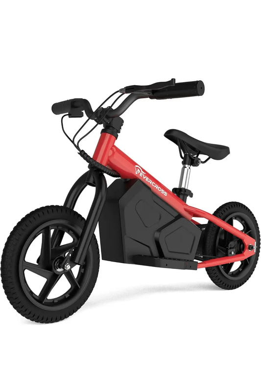 Das EV06M Kinder-Elektromotorrad in Rot mit schwarzem Sitz und schwarzem Rahmen, seitliche Ansicht.