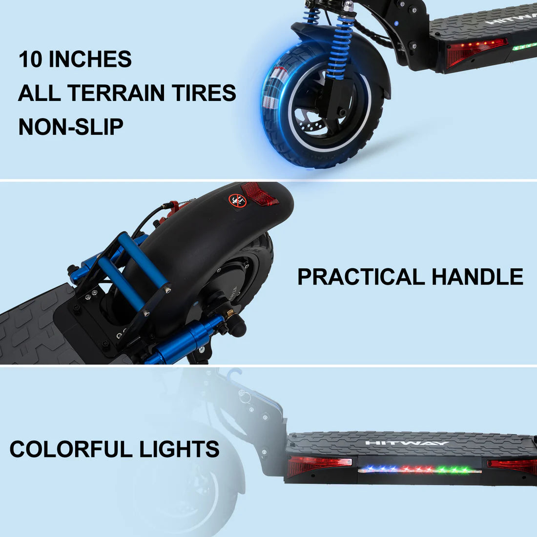 Detailaufnahmen des HITWAY E-Scooters mit 10-Zoll-All-Terrain-Reifen, praktischem Griff und farbenfrohen Unterboden-LED-Leuchten.