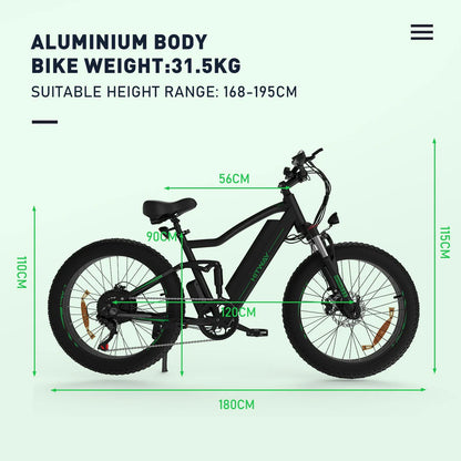 Hitway BK9 E-Bike - 500W Motor, 48V 15Ah, 26" x 4.0" Fat Tire - All-Terrain Mountain E-Bike