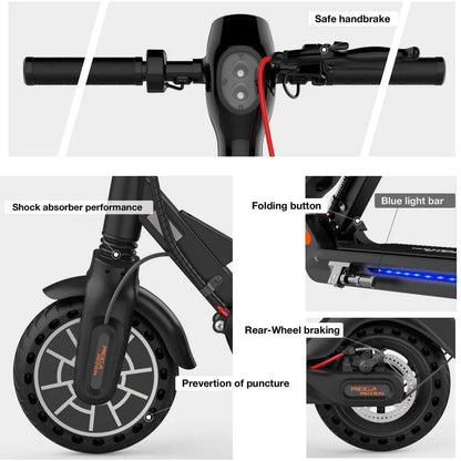 Nahaufnahmen der verschiedenen Merkmale des M5-HB15 Elektrorollers, einschließlich Stoßdämpferleistung, Faltknopf, Rückradbremse, sicherer Handbremse, blauer Lichtleiste und pannensicheren Reifen.