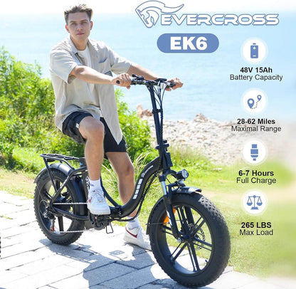 Vélo électrique pliable Evercross EK6, moteur 750 W, batterie 48 V 15 Ah, gros pneus 20 pouces, Shimano 7 vitesses