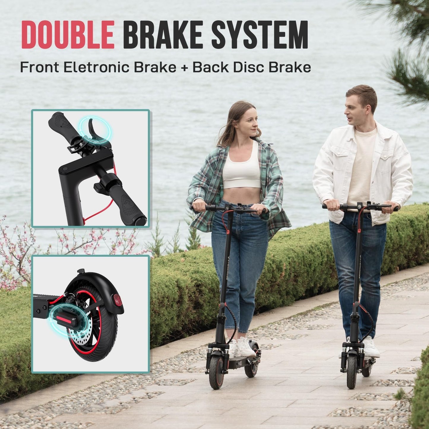 Mann und Frau fahren auf dem EVERCROSS EV85F E-Scooter entlang eines Weges. Text: "DOUBLE BRAKE SYSTEM" (Doppelt Bremssystem) mit Abbildungen der vorderen elektronischen Bremse und der hinteren Scheibenbremse.