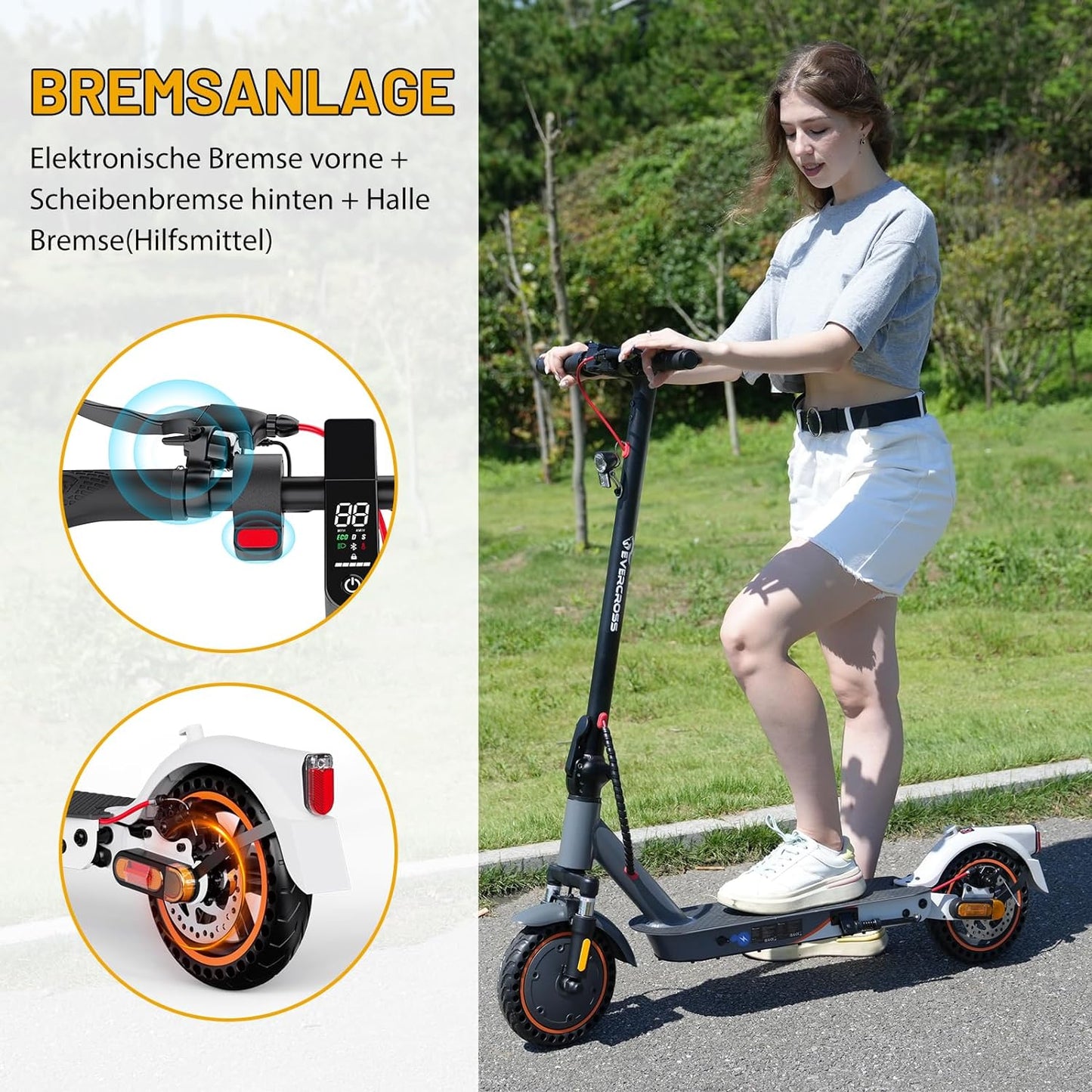 EV85F E-Scooter von Evercross mit elektronischer Bremse vorne und Scheibenbremse hinten, gefahren von einer Frau.