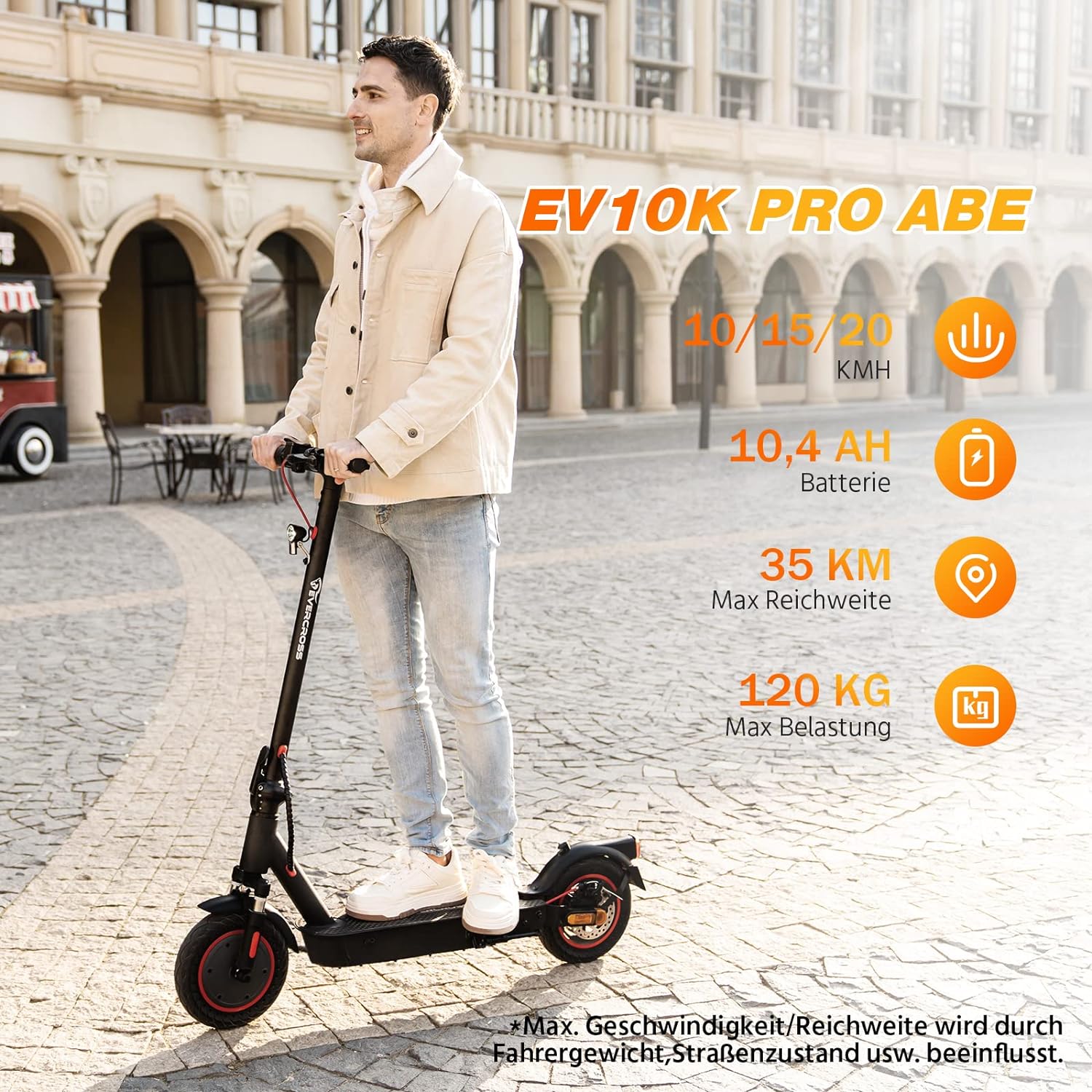 Ein Mann fährt den EVERCROSS EV10K Pro ABE E-Scooter, hervorgehobene Features sind die Geschwindigkeit (10/15/20 km/h), die 10,4 Ah Batterie, die 35 km Reichweite und die 120 kg maximale Belastung.