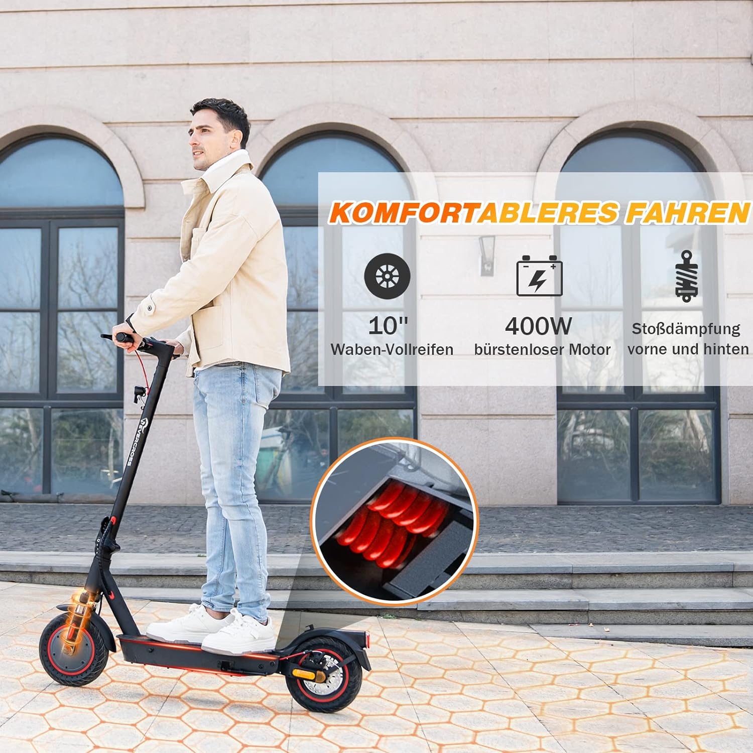 Ein Mann fährt den EVERCROSS EV10K Pro ABE E-Scooter, hervorgehoben sind die 10-Zoll-Honeycomb-Vollreifen, der 400W Motor und die Stoßdämpfung vorne und hinten.