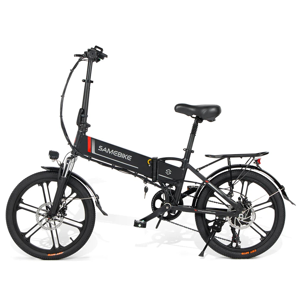 SAMEBIKE 20LVXD30-II faltbares elektrisches Fahrrad in Schwarz, seitlich fotografiert, betont die Magnesiumlegierung Felgen und die PVC Schutzbleche.