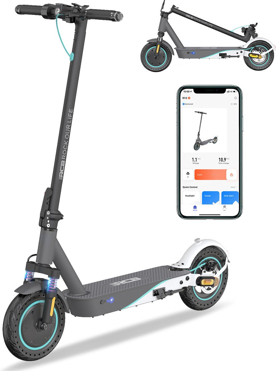 Der EV10K Pro ABE E-Scooter neben einem Smartphone mit geöffneter App. Der Scooter ist sowohl im gefalteten als auch im ausgeklappten Zustand zu sehen. Text im Bild beschreibt die App-Steuerung und die Funktionen des Scooters.