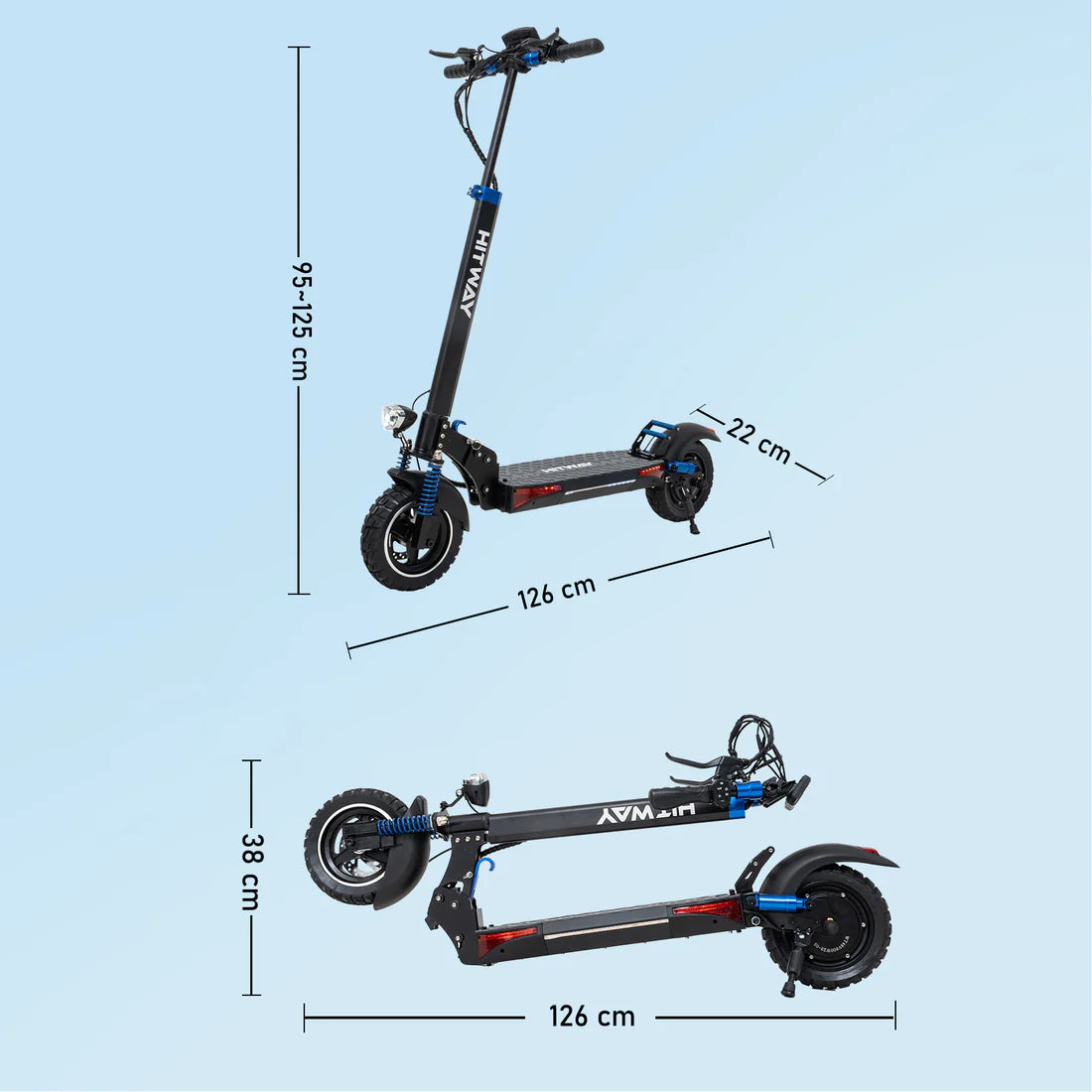 Seiten- und Draufsicht des HITWAY E-Scooters mit den Abmessungen 126 cm Länge, 22 cm Breite und 95-125 cm Höhe im ausgeklappten Zustand sowie 126 cm Länge und 38 cm Höhe im zusammengeklappten Zustand.