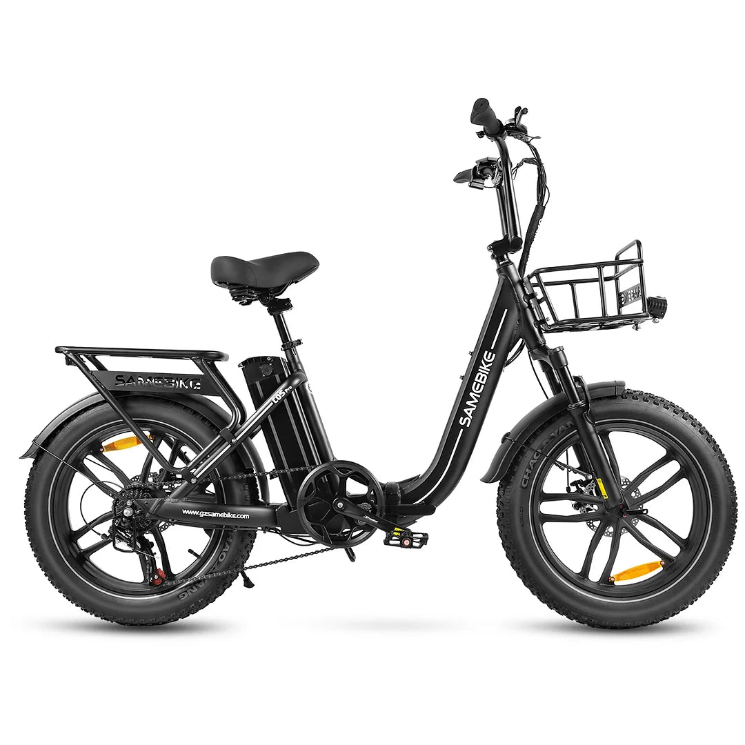 Schwarzes SAMEBIKE C05 Pro E-Bike mit 20-Zoll Fat Tires, Step-Through Design und 36V 13Ah Akku.