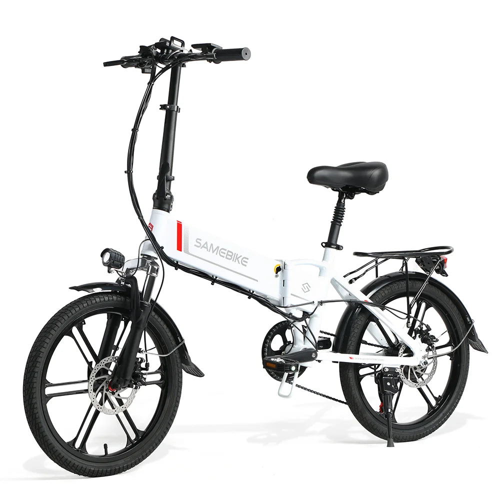 SAMEBIKE 20LVXD30-II faltbares elektrisches Fahrrad in Weiß, zeigt die gesamte Bauweise und den komfortablen Sitz.