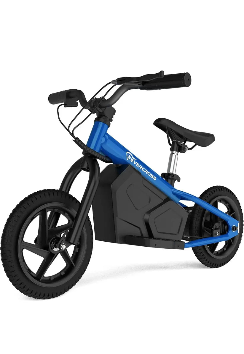 Das EV06M Kinder-Elektromotorrad in Blau mit schwarzem Sitz und schwarzem Rahmen, seitliche Ansicht.