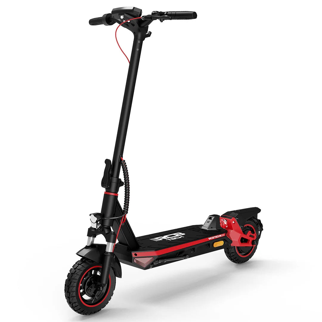 Seitenansicht des R10S E-Scooters in Rot und Schwarz, mit robustem Rahmen und großen Luftreifen.