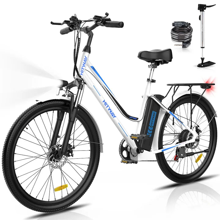 LavishApe HITWAY BK8 Trekking E-Bike in Weiß mit Zubehör wie Schloss und Luftpumpe.