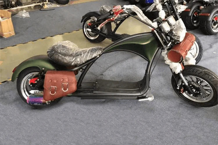 Citycoco Scooter mit montierten Satteltaschen, zeigt die Installation der Taschen am Scooter.