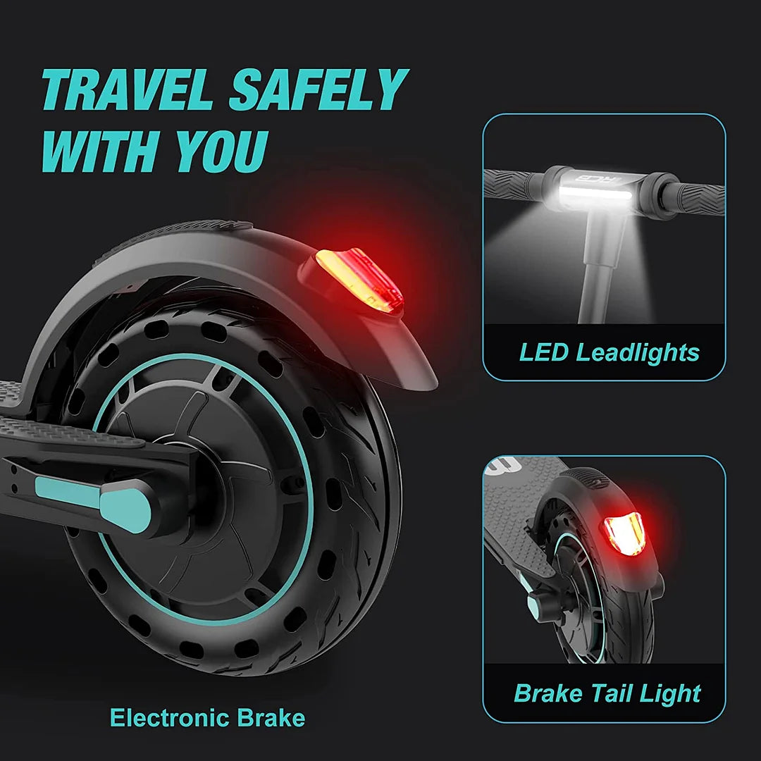 ückansicht des R13 E-Scooters, der das Bremslicht und die elektronische Bremse zeigt. Zusätzliche Einblendungen zeigen das LED-Frontlicht und das Bremslicht hinten mit dem Text "Travel Safely with You".