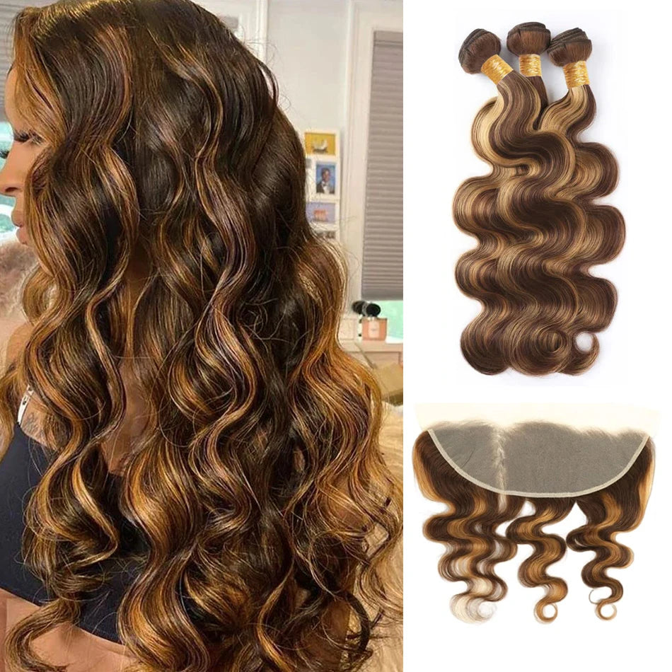 Luxuriöse Honey Blonde Body Wave Haarbündel von LavishBeauty mit einem 13x4 Lace Frontal Verschluss, in natürlicher brasilianischer Echthaarqualität P4-27.