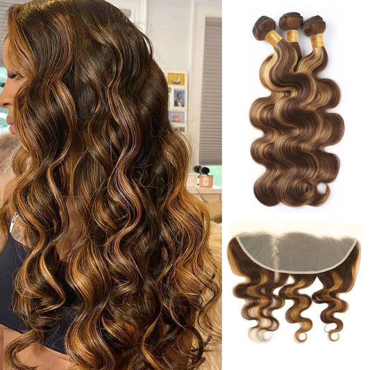 Luxuriöse Honey Blonde Body Wave Haarbündel von LavishBeauty mit einem 13x4 Lace Frontal Verschluss, in natürlicher brasilianischer Echthaarqualität P4-27.