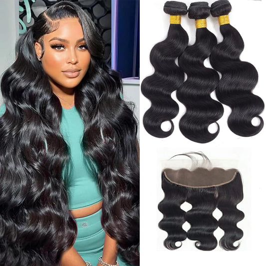 Eine Frau trägt LavishBeauty Body Wave Bundles, gekoppelt mit einem 13x4 HD Lace Frontal, die zusammen eine harmonische und volle Frisur in natürlicher Farbe 1B erschaffen.