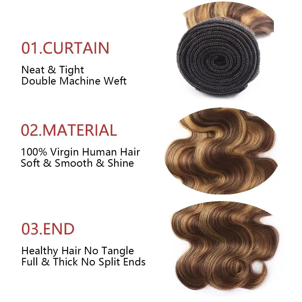 Body Wave Honey Blonde Highlight Bundles mit 13x4 Lace Frontal – Natürliches Brasilianisches Echthaar P4-27