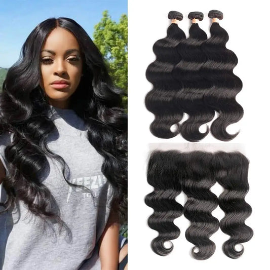 Eine Frau zeigt ihre langen, welligen Haarverlängerungen von LavishBeauty mit einem 13x4 HD Lace Frontal, bestehend aus 100% brasilianischem Virgin Hair in natürlicher Wellung.