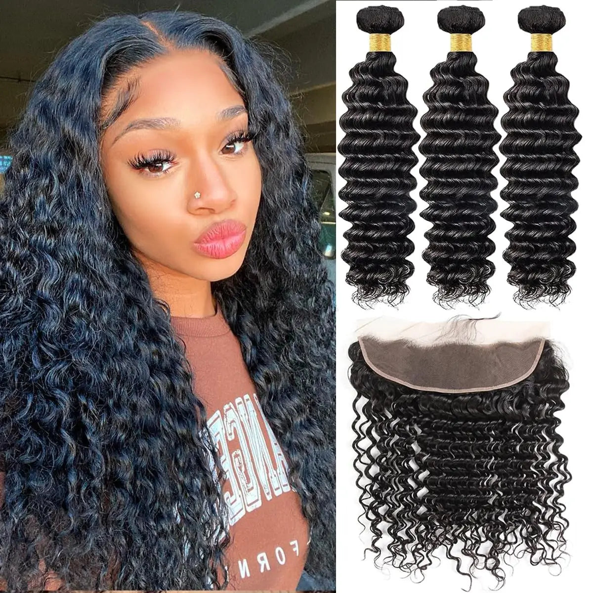 Eine Frau zeigt ihre LavishBeauty Deep Wave brasilianischen Haarverlängerungen mit einem 13x4 Ear to Ear Frontal, alles in 100% menschlichem Haar und natürlicher Farbe.