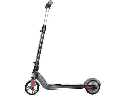 Einseitige Ansicht des ME2 Electric Kid Scooters in Schwarz, mit MegaMotion-Logo und LED-Licht.