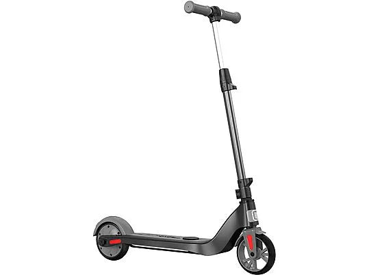 Seitliche Ansicht des ME2 Electric Kid Scooters in Schwarz, mit MegaMotion-Logo und LED-Licht.