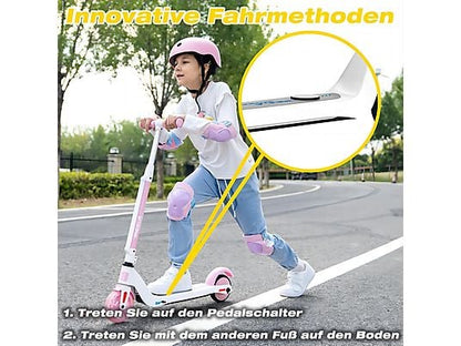 Ein Mädchen fährt den weißen ME2 Electric Kid Scooter mit rosa Griffen und Rädern, der Text erklärt die innovative Fahrmethode.,