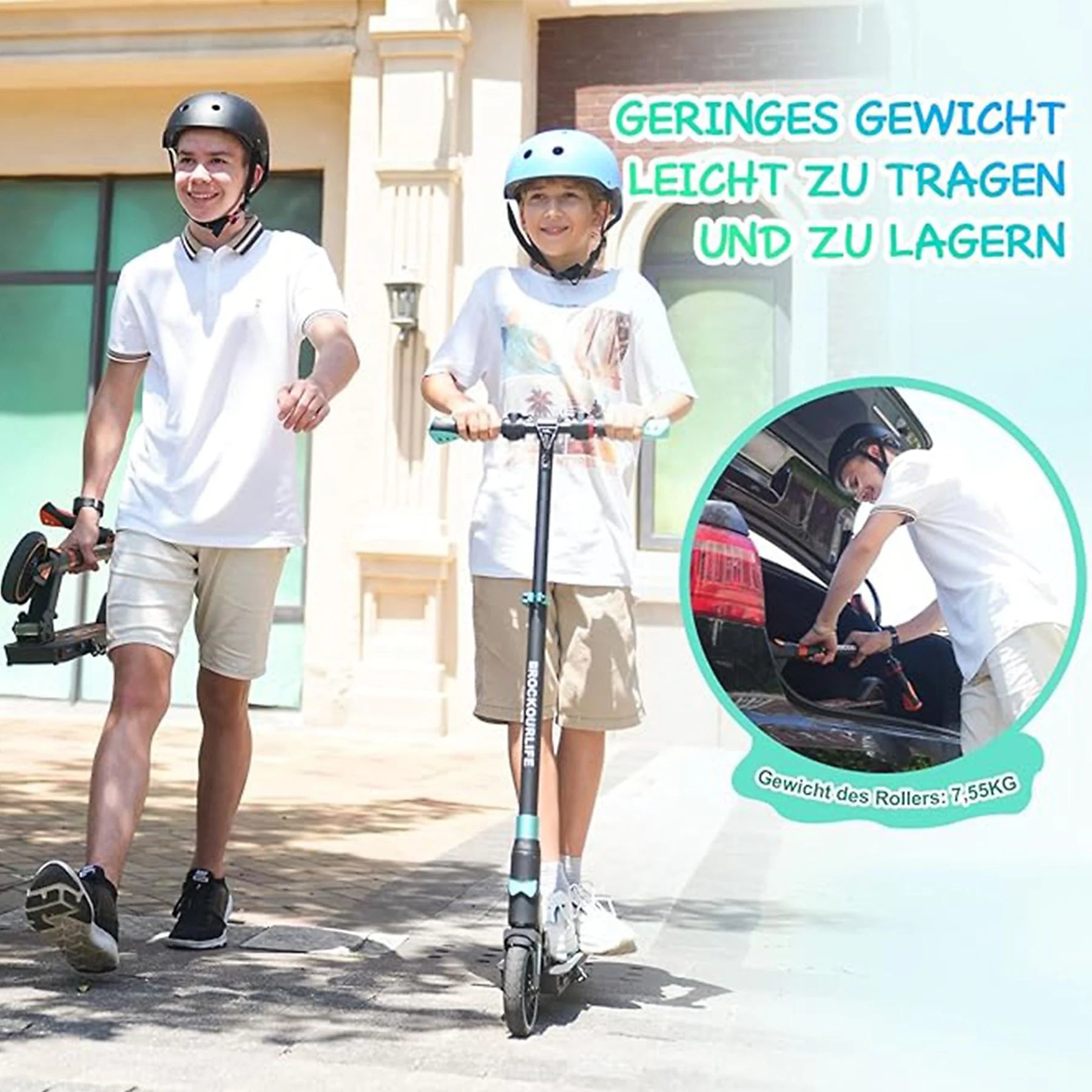 Zwei Kinder mit R15 Kid E-Scootern, Text "Geringes Gewicht, leicht zu tragen und zu lagern